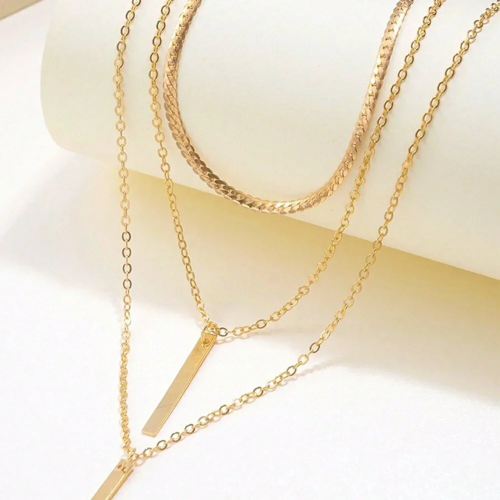Yellow Gold Casual Women's Snake Bone Chain Multilayer Pendant Necklace